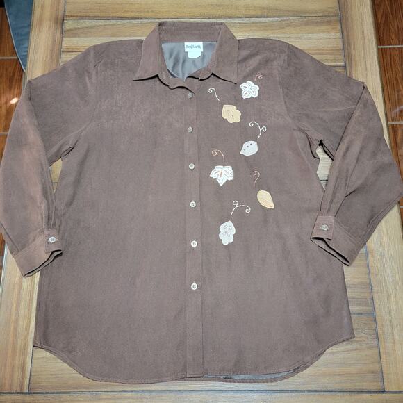 Bon Worth LS Full Button Brown Faux Suede Shirt Leaves - Size Large - Picture 1 of 6